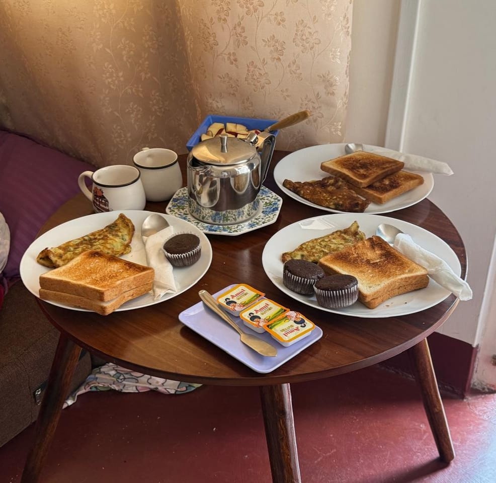 Fresh morning tea and breakfast setup